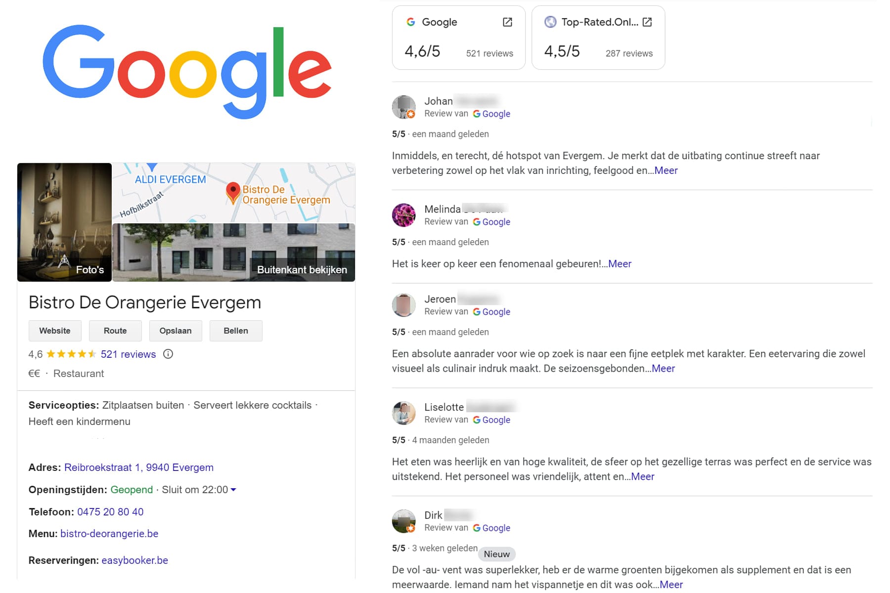 Restaurant De Orangerie foto van google reviews